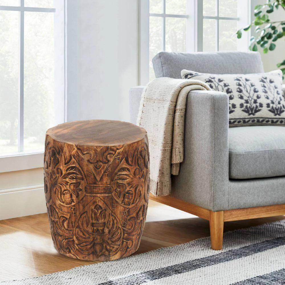 14 in. Walnut Brown Round End Table with Damask Carved Pattern and Wooden Frame by The Urban Port 9 14 in. Walnut Brown Round End Table with Damask Carved Pattern and Wooden Frame by The Urban Port - Image 9