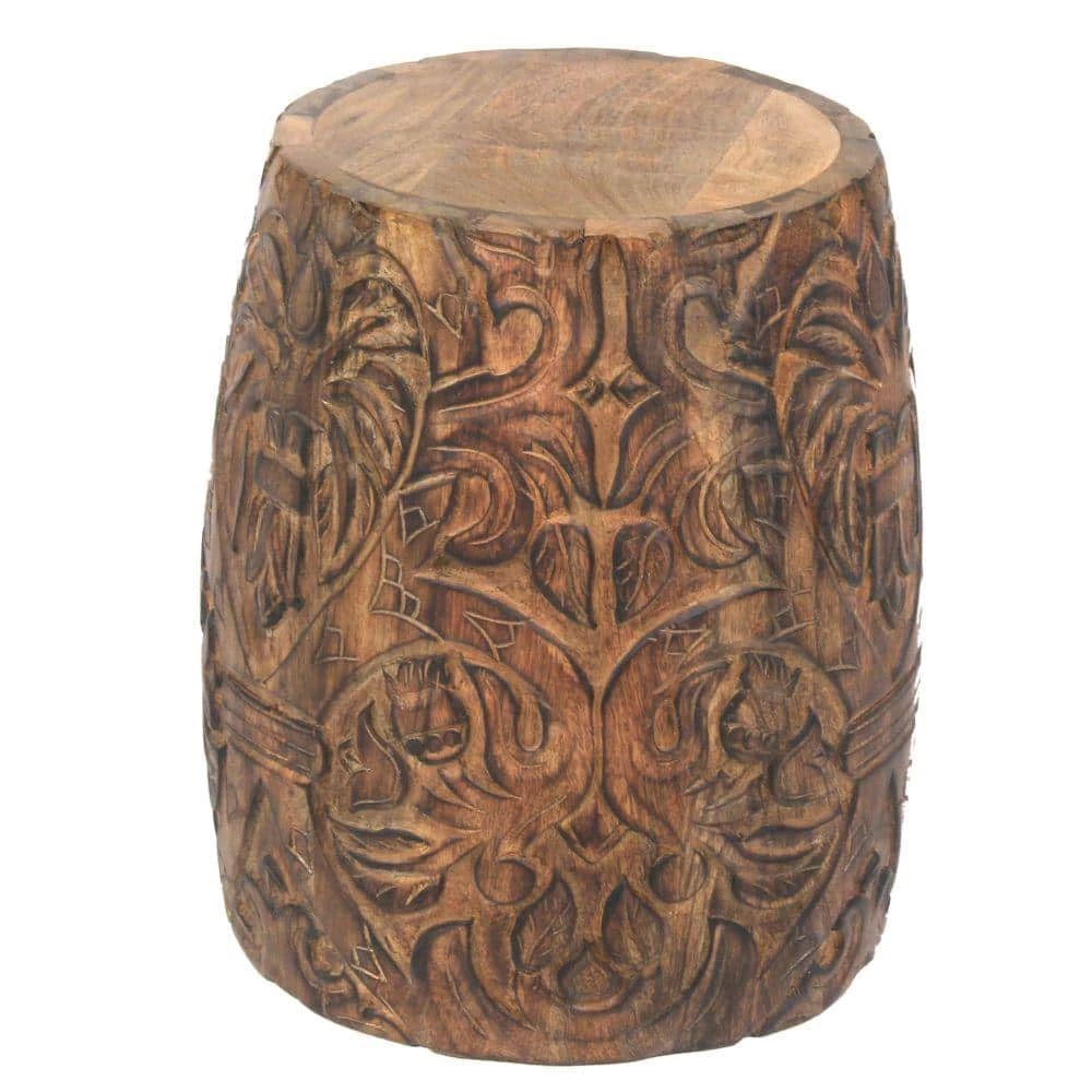 14 in. Walnut Brown Round End Table with Damask Carved Pattern and Wooden Frame by The Urban Port 4 14 in. Walnut Brown Round End Table with Damask Carved Pattern and Wooden Frame by The Urban Port - Image 4