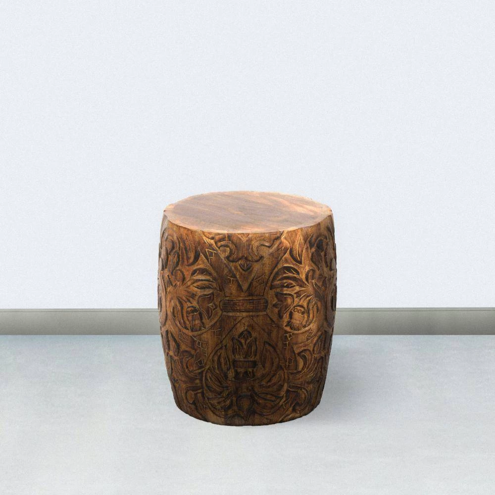 14 in. Walnut Brown Round End Table with Damask Carved Pattern and Wooden Frame by The Urban Port 8 14 in. Walnut Brown Round End Table with Damask Carved Pattern and Wooden Frame by The Urban Port - Image 8