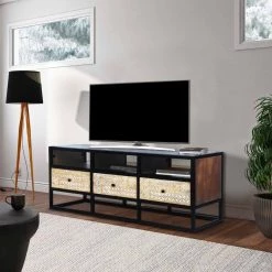 Carson 59 in. Natural Brown and Black TV Media Entertainment Console with 3 Drawers and Ornate Cut Out Floral Design by The Urban Port -The Urban Port Sales brown the urban port tv stands upt 270554 1d 1000