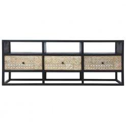 Carson 59 in. Natural Brown and Black TV Media Entertainment Console with 3 Drawers and Ornate Cut Out Floral Design by The Urban Port