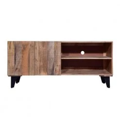 55 In. Natural Brown Mango Wood TV Media Console with 2 Doors and Embossed Geometric Design by The Urban Port