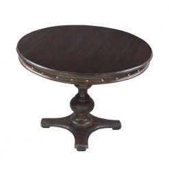 42 In. L Dark Brown Round Wooden Farmhouse Dining Table with Rivets Accent and Turned Pedestal Base by The Urban Port -The Urban Port Sales dark brown the urban port kitchen dining tables upt 215752 4f 1000