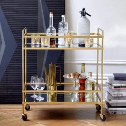 Gold Bar Wine Tea Serving Cart With 2-Tempered Glass Shelves by The Urban Port -The Urban Port Sales gold the urban port bar carts upt 71700 44 1000