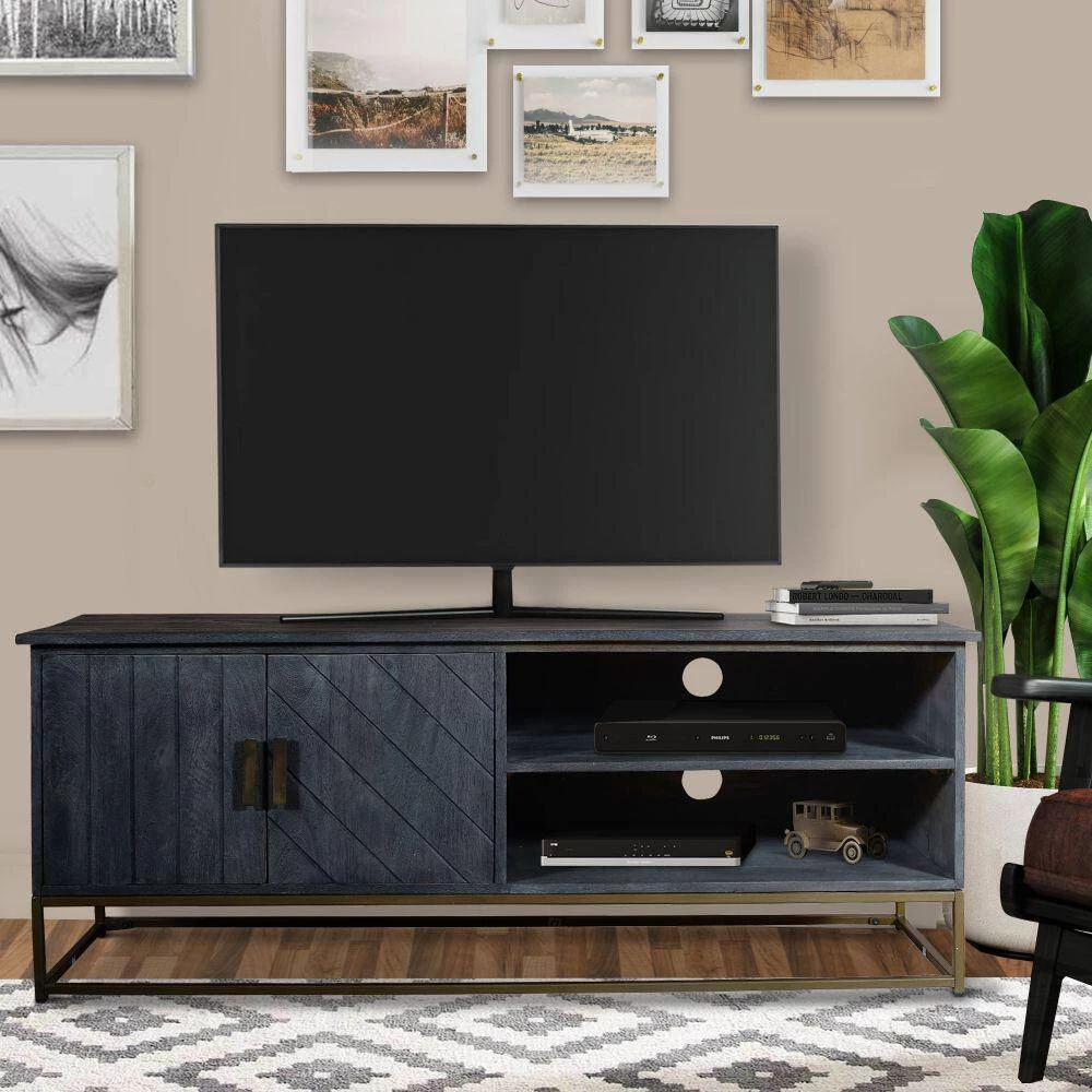 53 in. Gray Plank Design 2-Door Mango Wood TV Media Cabinet with Metal Base Fits TV's up to 50 in. by The Urban Port 7 53 in. Gray Plank Design 2-Door Mango Wood TV Media Cabinet with Metal Base Fits TV's up to 50 in. by The Urban Port - Image 7