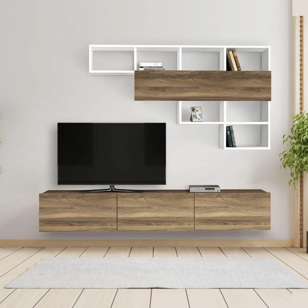 70.7 In. Light Walnut and White Wall Mount TV Console with 3 Doors and 1 Floating Shelf and Fits TV's up to 70 in. by The Urban Port 8 70.7 In. Light Walnut and White Wall Mount TV Console with 3 Doors and 1 Floating Shelf and Fits TV's up to 70 in. by The Urban Port - Image 8