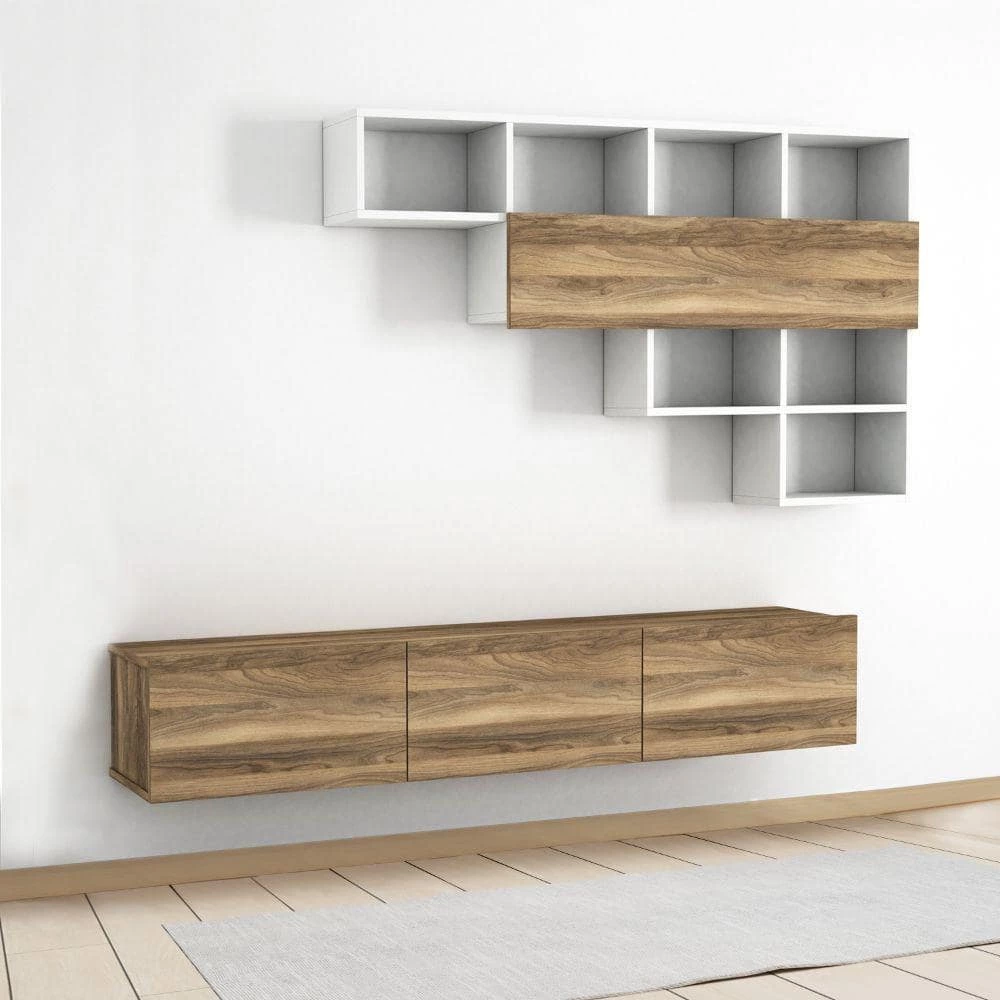 70.7 In. Light Walnut and White Wall Mount TV Console with 3 Doors and 1 Floating Shelf and Fits TV's up to 70 in. by The Urban Port 2 70.7 In. Light Walnut and White Wall Mount TV Console with 3 Doors and 1 Floating Shelf and Fits TV's up to 70 in. by The Urban Port - Image 2