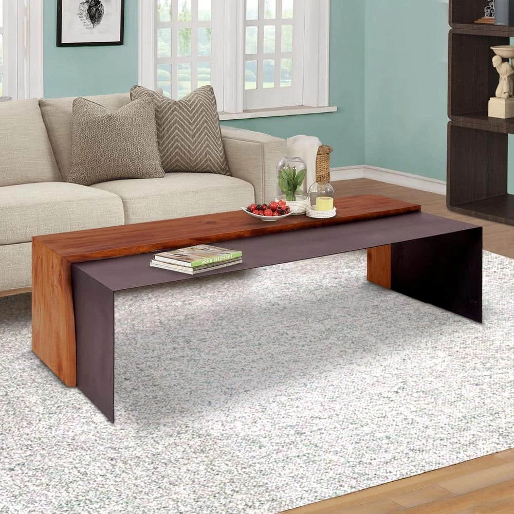 52.8 in. Oak Brown and Black Rectangle Acacia Wood Coffee Table with Horizontal Split Design and Live Edge by The Urban Port 12 52.8 in. Oak Brown and Black Rectangle Acacia Wood Coffee Table with Horizontal Split Design and Live Edge by The Urban Port - Image 12