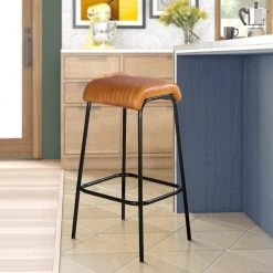 Modern 31 in. Tan Brown and Black Iron Frame Bar Stool with Genuine Leather Seat Channel Stitched by The Urban Port -The Urban Port Sales tan brown and black the urban port bar stools upt 266367 31 1000