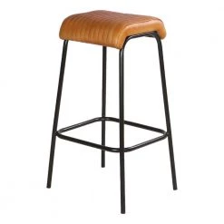 Modern 31 in. Tan Brown and Black Iron Frame Bar Stool with Genuine Leather Seat Channel Stitched by The Urban Port