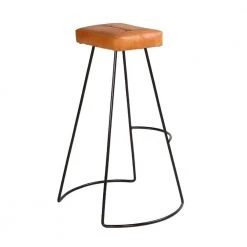 Modern 31.7 in. Tan Brown and Black Metal Frame Backless Bar Stool with Genuine Leather Seat and Button Tufted by The Urban Port