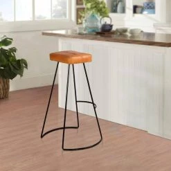 Modern 31.7 in. Tan Brown and Black Metal Frame Backless Bar Stool with Genuine Leather Seat and Button Tufted by The Urban Port -The Urban Port Sales tan brown and black the urban port bar stools upt 266370 76 1000