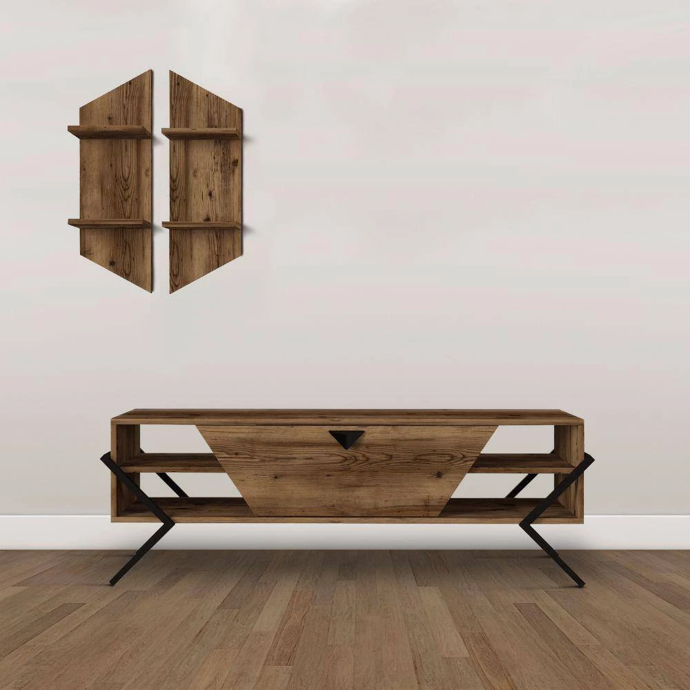 55 Inch Walnut and Black Wood 1 Drop Down Door and 2 Wall Shelves TV Console Entertainment Center by The Urban Port 9 55 Inch Walnut and Black Wood 1 Drop Down Door and 2 Wall Shelves TV Console Entertainment Center by The Urban Port - Image 9