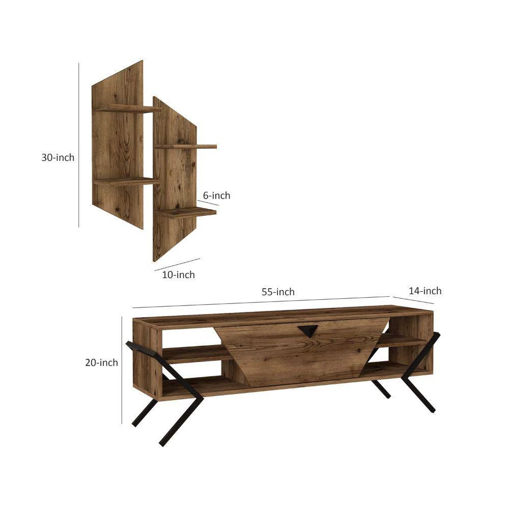 55 Inch Walnut and Black Wood 1 Drop Down Door and 2 Wall Shelves TV Console Entertainment Center by The Urban Port 7 55 Inch Walnut and Black Wood 1 Drop Down Door and 2 Wall Shelves TV Console Entertainment Center by The Urban Port - Image 7