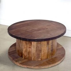 36 In. Walnut and Natural Brown Mango Wood Farmhouse Coffee Table with Rustic Plank Style Round Top and Base by The Urban Port -The Urban Port Sales walnut and natural brown the urban port coffee tables upt 272532 31 1000