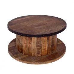 36 In. Walnut and Natural Brown Mango Wood Farmhouse Coffee Table with Rustic Plank Style Round Top and Base by The Urban Port