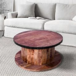 36 In. Walnut and Natural Brown Mango Wood Farmhouse Coffee Table with Rustic Plank Style Round Top and Base by The Urban Port -The Urban Port Sales walnut and natural brown the urban port coffee tables upt 272532 fa 1000