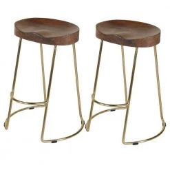 Ela 24 in. Walnut Brown and Gold Backless Metal Frame Counter Height Stool with Mango Wood Seat ( Set of 2) by The Urban Port