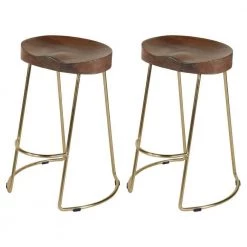 Ela 30 in. Walnut Brown and Gold Backless Metal Frame Bar Stool with Mango Wood Seat (Set of 2) by The Urban Port