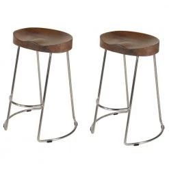 Ela 24 in. Walnut Brown and Silver Backless Metal Frame Counter Height Stool with Mango Wood Seat (Set of 2) by The Urban Port
