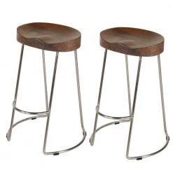 Ela 30 in. Walnut Brown and Silver Backless Metal Frame Bar Stool with Mango Wood Seat ( Set of 2) by The Urban Port