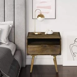 1-Drawer Walnut Brown Traditional Bedside Table with Angled Legs 20.5 in. H x 18.9 in. W x 16.9 in. D by The Urban Port -The Urban Port Sales walnut brown the urban port nightstands upt 242820 66 1000
