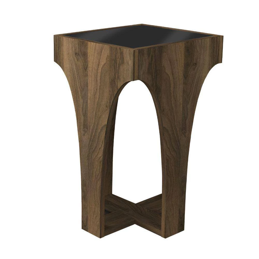 14.7 in. Walnut Smokey Black Chiseled Arch Panel Legs Rectangular Glass Top Side Table by The Urban Port 5 14.7 in. Walnut Smokey Black Chiseled Arch Panel Legs Rectangular Glass Top Side Table by The Urban Port - Image 5