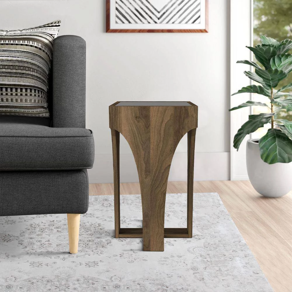 14.7 in. Walnut Smokey Black Chiseled Arch Panel Legs Rectangular Glass Top Side Table by The Urban Port 9 14.7 in. Walnut Smokey Black Chiseled Arch Panel Legs Rectangular Glass Top Side Table by The Urban Port - Image 9
