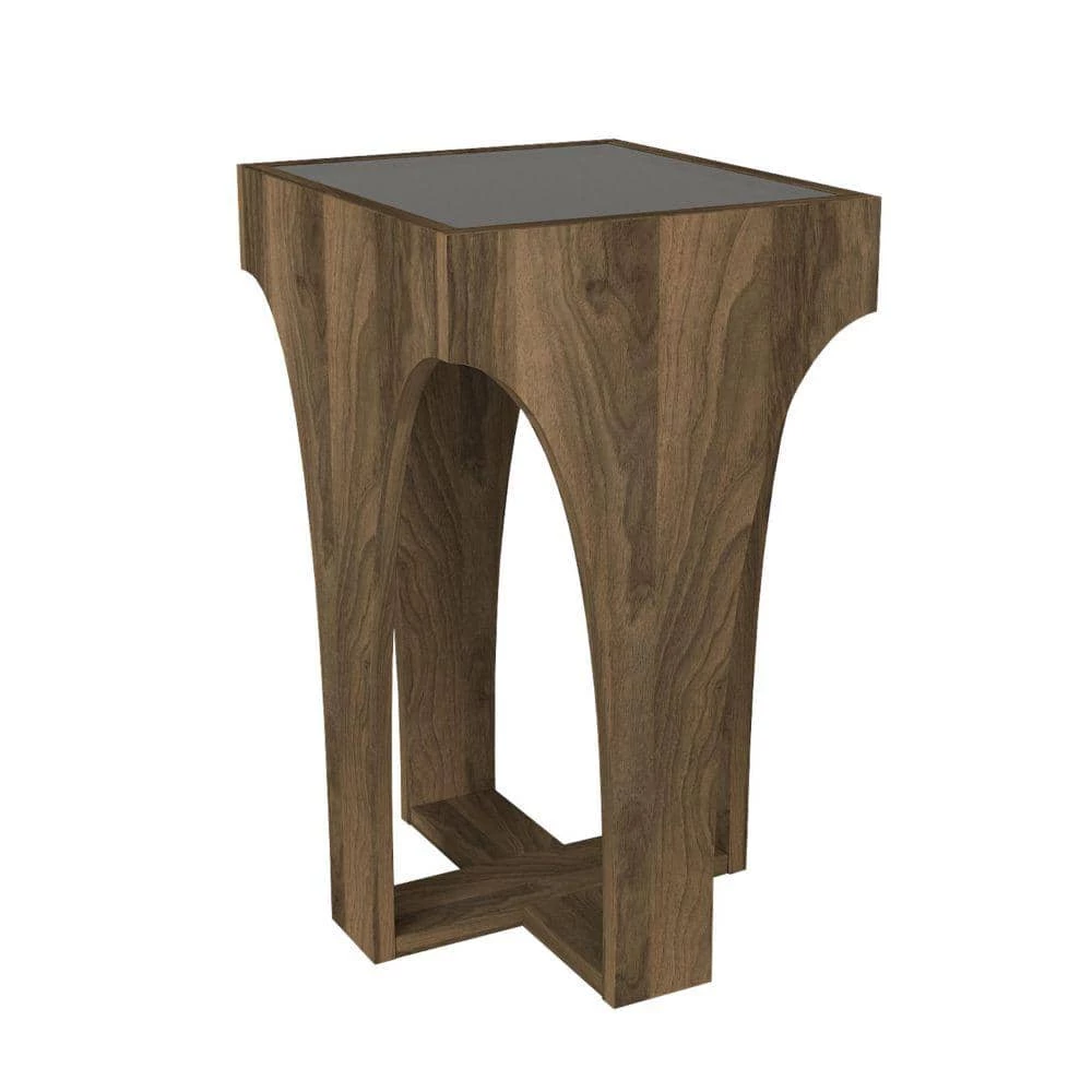 14.7 in. Walnut Smokey Black Chiseled Arch Panel Legs Rectangular Glass Top Side Table by The Urban Port 1 14.7 in. Walnut Smokey Black Chiseled Arch Panel Legs Rectangular Glass Top Side Table by The Urban Port