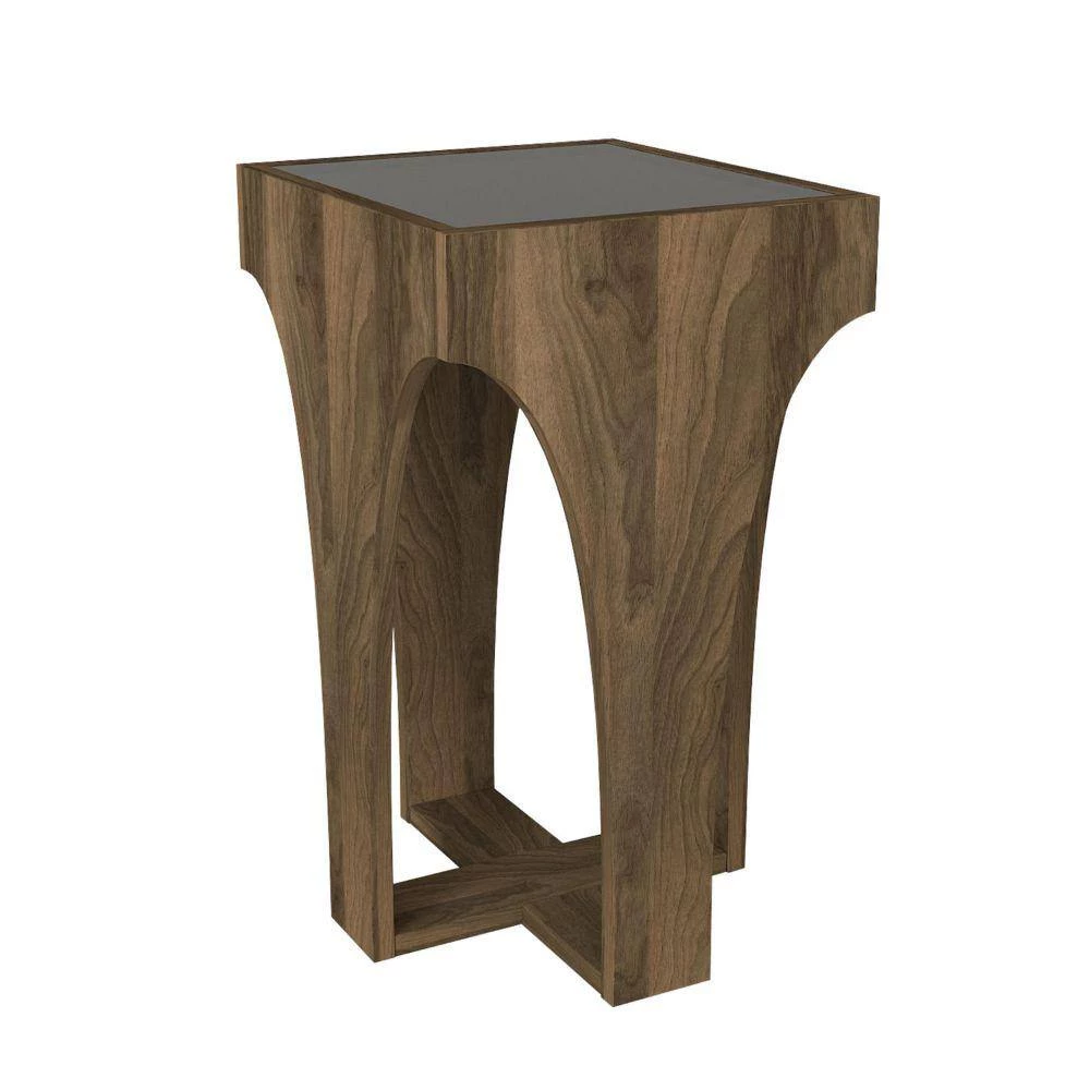 14.7 in. Walnut Smokey Black Chiseled Arch Panel Legs Rectangular Glass Top Side Table by The Urban Port 2 14.7 in. Walnut Smokey Black Chiseled Arch Panel Legs Rectangular Glass Top Side Table by The Urban Port - Image 2
