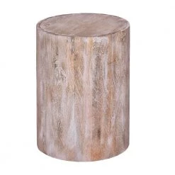 14 in. Washed Brown Round Drum Shaped Rustic Style Mango Wood End Table with Grain Details by The Urban Port