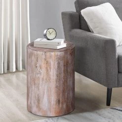 14 in. Washed Brown Round Drum Shaped Rustic Style Mango Wood End Table with Grain Details by The Urban Port -The Urban Port Sales washed brown the urban port end side tables upt 272550 d4 1000