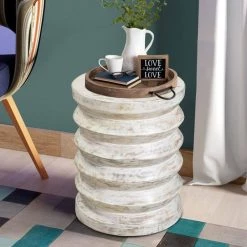 14 in. Washed White Round End Table with Spring Design Wooden Frame and Round Top by The Urban Port -The Urban Port Sales washed white the urban port end side tables upt 263259 31 1000