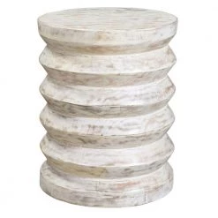 14 in. Washed White Round End Table with Spring Design Wooden Frame and Round Top by The Urban Port