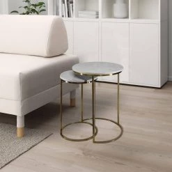 17.75 in. White and Brass Metal Frame Transitional Style Round Marble Top Nesting End Table (Set of 2) by The Urban Port -The Urban Port Sales white and brass the urban port end side tables upt 272902 76 1000