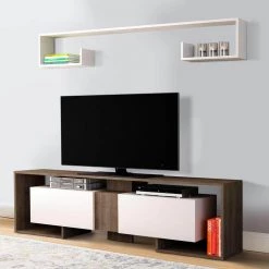70.9 in. White and Brown Wooden TV Console Entertainment Media Center with Wall Mounted Floating Shelf (2 Piece Set) by The Urban Port -The Urban Port Sales white and brown the urban port tv stands upt 272746 31 1000