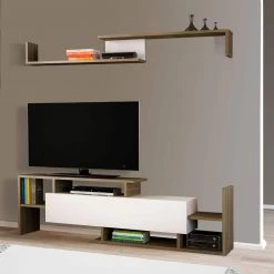 60.5 in. White and Brown Modern Wooden TV Console Entertainment Center with Floating Wall Shelf (2 Piece Set) by The Urban Port -The Urban Port Sales white and brown the urban port tv stands upt 272748 fa 1000