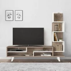 58.9 in. White and Oak Brown Modern Wood TV Console Entertainment Center with Stacked Shelves by The Urban Port -The Urban Port Sales white and brown the urban port tv stands upt 272756 31 1000