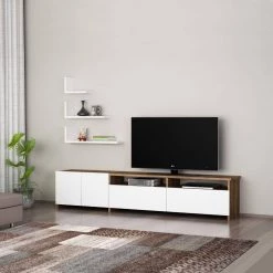 70.9 in. White and Brown Wooden TV Console Entertainment Center with 4 Cabinet Doors and 3 Wall Shelves by The Urban Port -The Urban Port Sales white and brown the urban port tv stands upt 272757 fa 1000