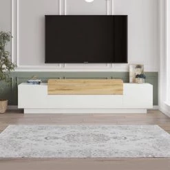 63 In. White and Brown Wooden TV Console Entertainment Media Center with 4 Drop Down Doors by The Urban Port -The Urban Port Sales white and brown the urban port tv stands upt 272766 fa 1000