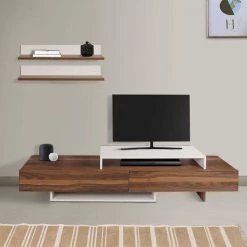 70.9 in. Walnut Brown and White TV Media Console Entertainment Center with 2 Drop Down Doors and 2 Wall Shelves by The Urban Port -The Urban Port Sales white and brown the urban port tv stands upt 272772 fa 1000