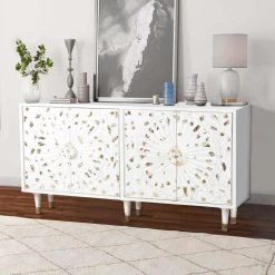 White and Gold 4 Door Wooden Sideboard with Engraved Sunburst Design Front by The Urban Port 15 White and Gold 4 Door Wooden Sideboard with Engraved Sunburst Design Front by The Urban Port -The Urban Port Sales white and gold the urban port sideboards buffet tables upt 197864 31 1000