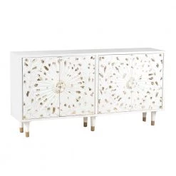 White and Gold 4 Door Wooden Sideboard with Engraved Sunburst Design Front by The Urban Port