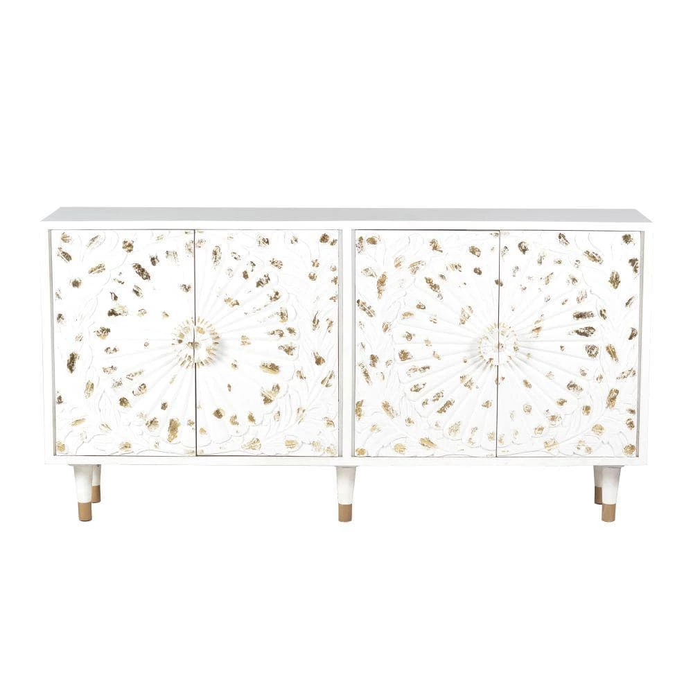 White and Gold 4 Door Wooden Sideboard with Engraved Sunburst Design Front by The Urban Port 3 White and Gold 4 Door Wooden Sideboard with Engraved Sunburst Design Front by The Urban Port - Image 3