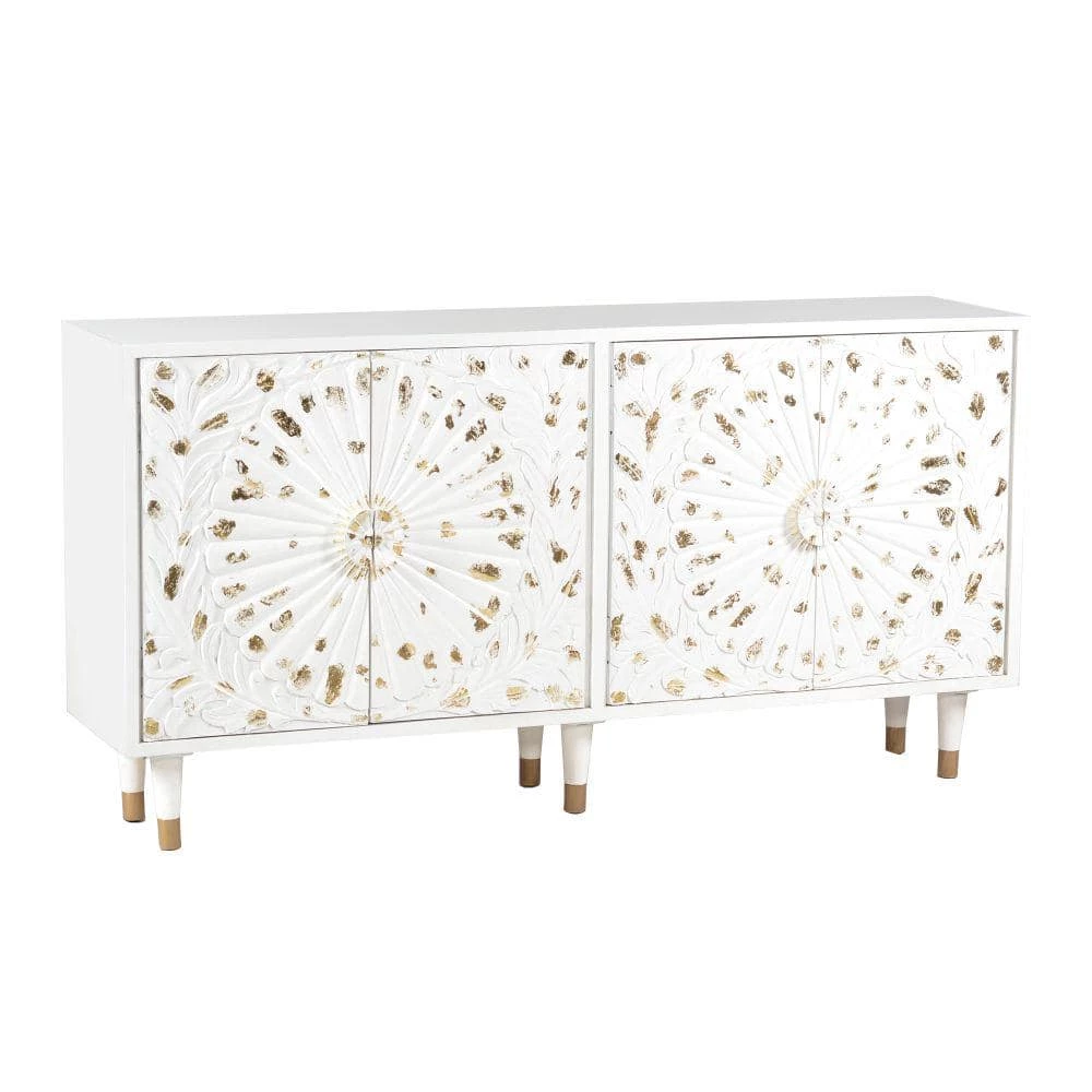 White and Gold 4 Door Wooden Sideboard with Engraved Sunburst Design Front by The Urban Port 2 White and Gold 4 Door Wooden Sideboard with Engraved Sunburst Design Front by The Urban Port - Image 2