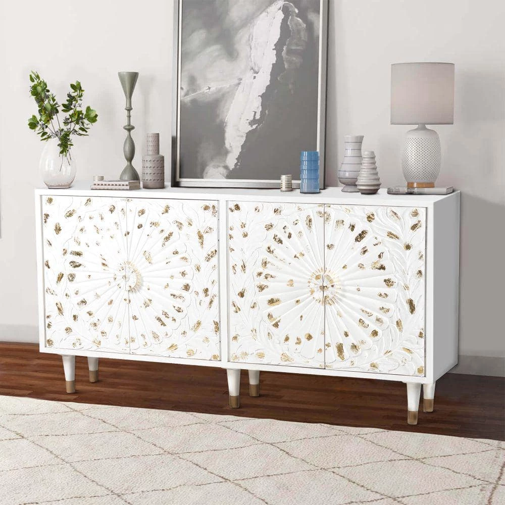 White and Gold 4 Door Wooden Sideboard with Engraved Sunburst Design Front by The Urban Port 7 White and Gold 4 Door Wooden Sideboard with Engraved Sunburst Design Front by The Urban Port - Image 7