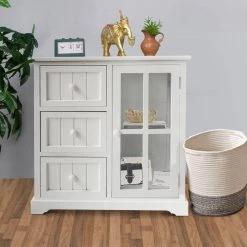 White 3-Drawer Wooden Accent Cabinet with Glass Door and Round Knobs by The Urban Port -The Urban Port Sales white the urban port accent cabinets upt 230665 31 1000