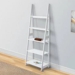 Iza 70.2 in. White Rubberwood 5 Tier Storage A Shaped Frame Ladder Bookshelf by The Urban Port -The Urban Port Sales white the urban port bookcases bookshelves upt 266386 66 1000