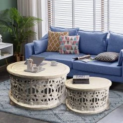 30 in. White Large Round Wooden Coffee Table with Floral Cut Out Design (2-Pieces) by The Urban Port -The Urban Port Sales white the urban port coffee tables upt 248139 fa 1000