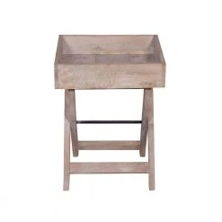 17 in. Washed White Farmhouse Square Tray Mango Wood Top End Table with X-Shape Foldable Frame by The Urban Port
